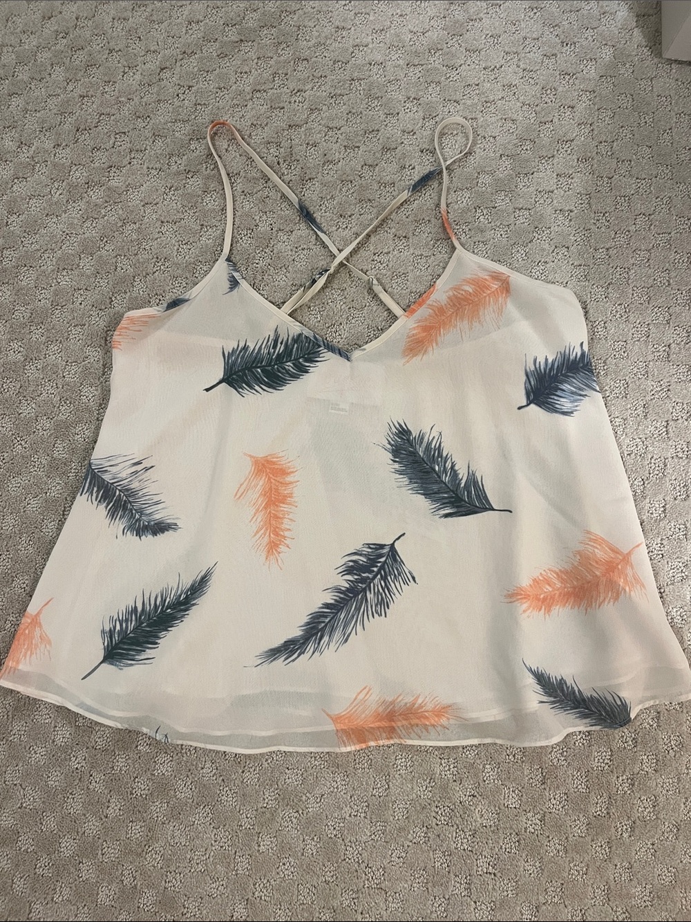 Forever 21 White Cami Tank with Navy and Coral Feather Print